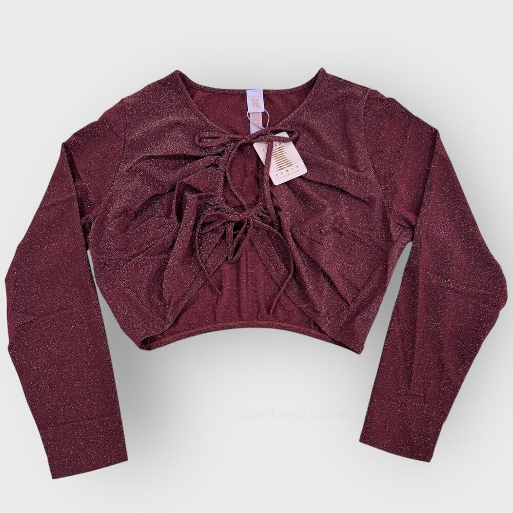 Savage Fenty Sleep & Shing Long Sleeve Crop Tee | Plus Size 3X | Maroon Glitter